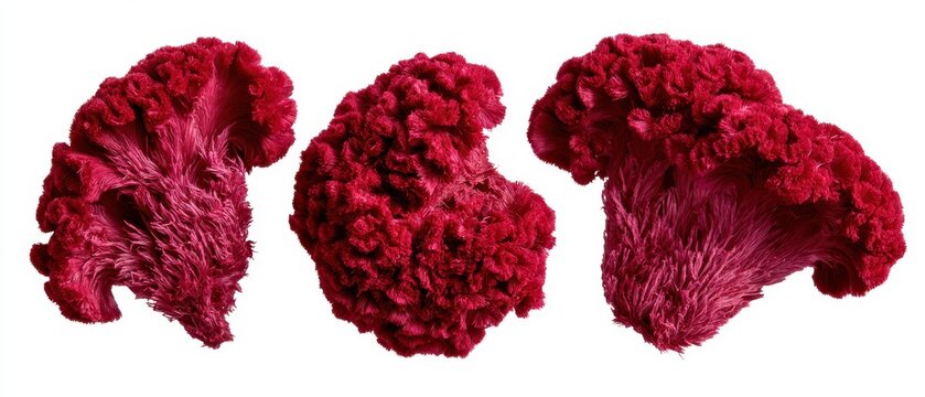 Set of dried magenta Celosia cockscomb crests, textured flat lay, isolated on pure white background
