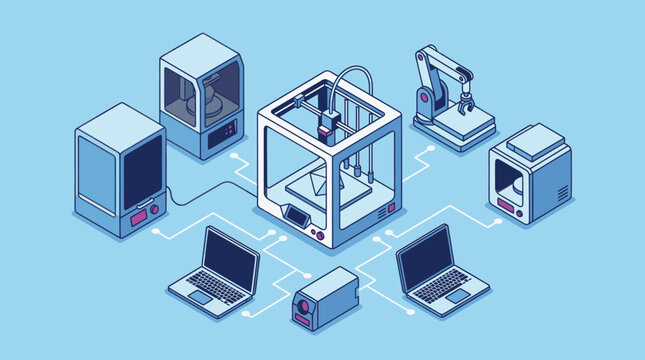 Corporate Showcasing Networked 3D Printers Robotic Arms and Laptops in a Modern Tech Environment
