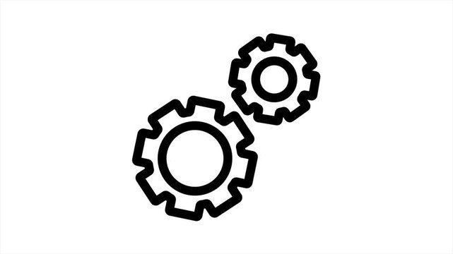 A simple black outline icon featuring two interlocking mechanical gear wheels, representing engineering, settings, or teamwork.