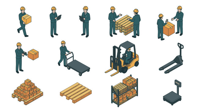 Corporate Warehouse Operations Illustrated Guide to Workers Handling Boxes Pallets and Equipment in Industrial Setting