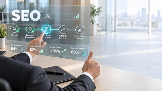Business professional using a digital hologram interface for advanced seo marketing strategy optimization