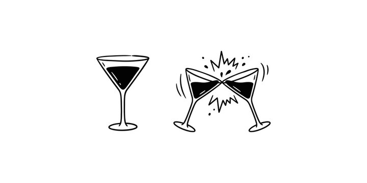 Martini glasses doodle illustration showing single and clinking drinks for celebration themes.