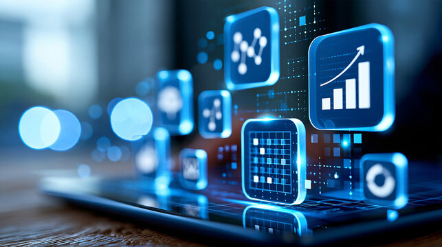 Modern digital concept showcasing data analytics with icons representing machine learning, statistics, and big data technologies for business growth, defocused artificial