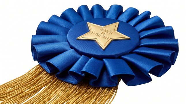 Close-up of a blue satin rosette award ribbon with gold star on a plain background