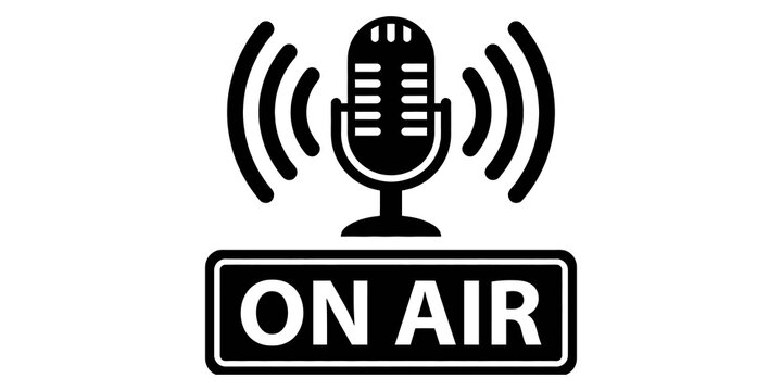 On air microphone broadcasting icon with sound waves for radio studio live streaming or podcast communication concept.