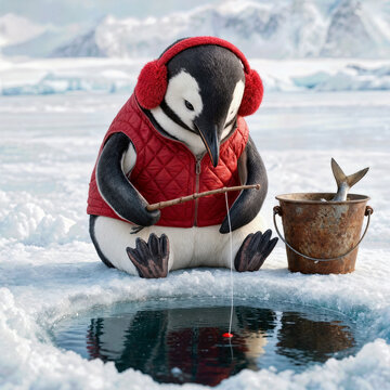 A charming penguin dressed in a vibrant red winter vest and cozy earmuffs, expertly ice fishing on a stunning glacier, with a freshly caught fish resting in a rusty bucket nearby