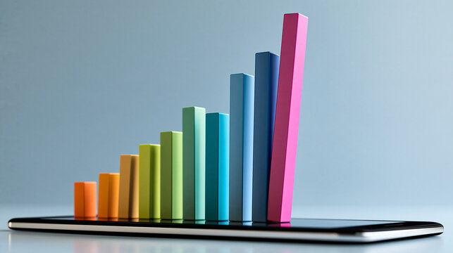 Bar graph with rising bars emerging from smartphone screen, business growth and financial success concept for digital reports and presentations, with copy space
