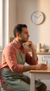 Fasting man sitting at a table looking at a clock in a bright kitchen  