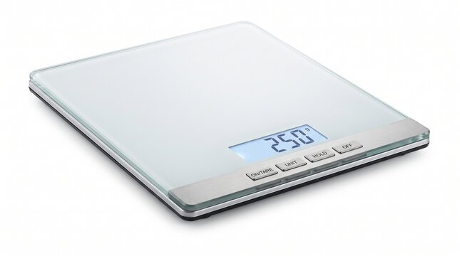 Digital kitchen scale displaying weight in a modern kitchen environment with copy space
