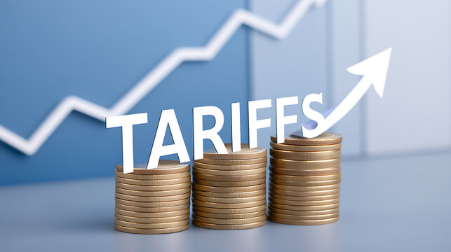 Financial concept illustration showing stacked coins with rising charts and tariff text representing economic growth and international trade cost