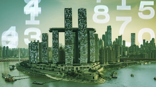 chongqing cyberpunk city with overlayed code and data on the buildings