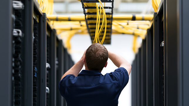 A male technician inspect and manage network cable in data center server room, handling high speed fiber optic connection infrastructure