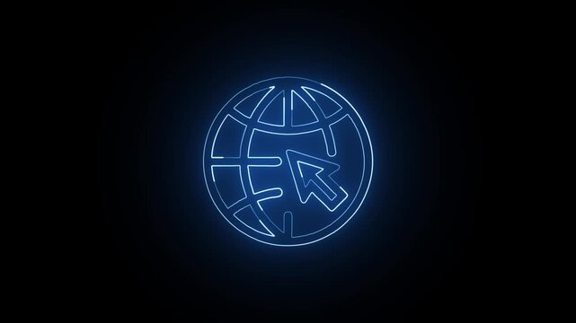Glowing neon globe with cursor arrow blue icon with a clicking on a black background blue world internet web light