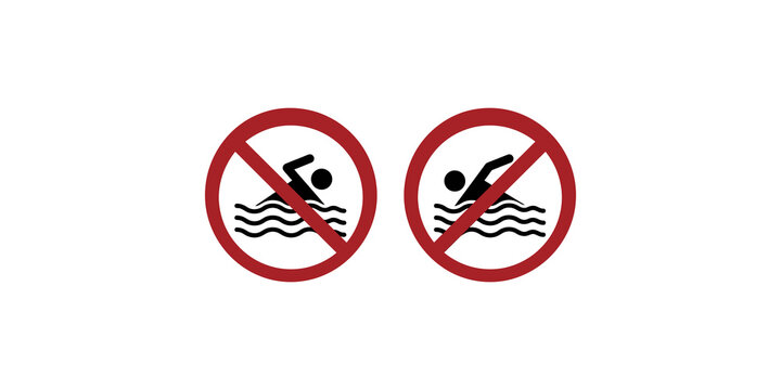 No swimming prohibition signs with human figure in water for safety and aquatic facility hazard warnings.