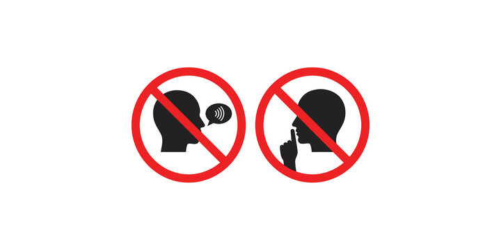 No talking or silence required signs with human silhouette icons for noise control in quiet zones.