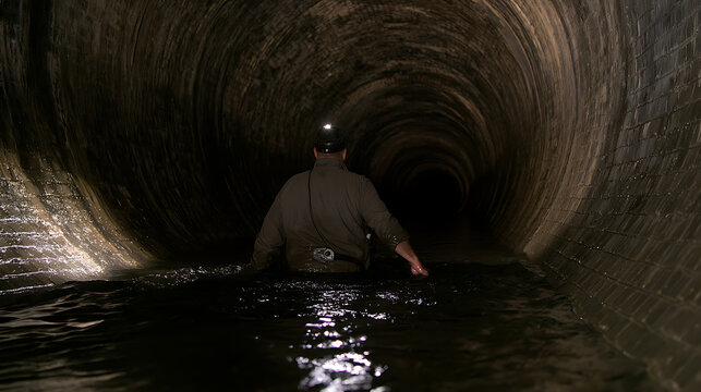 A lone worker explore a dark underground sewer tunnel with a headlamp, wading through wastewater in a brick pipeline for inspection work