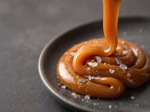 Golden salted caramel texture in premium food advertising