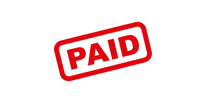Paid rubber stamp in red rectangular frame for business billing and financial transaction confirmation.