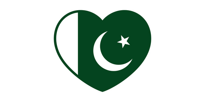 Pakistan flag heart shape symbol with crescent and star in traditional green and white colors.
