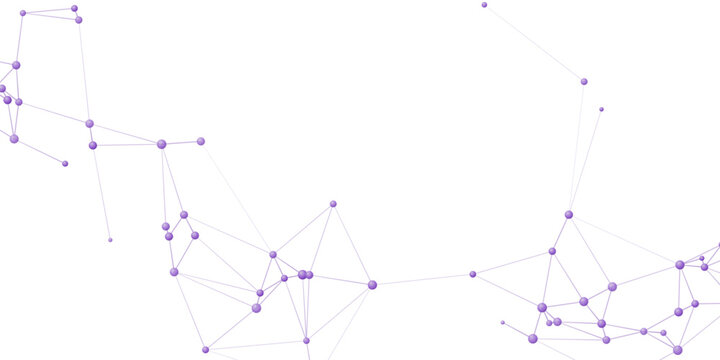 A network of interconnected nodes and lines in a light purple hue, creating a complex web of connections against a stark white background, suggesting data flow and digital relationships.