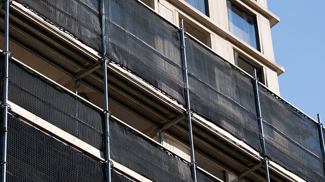 Construction scaffolding with black safety mesh netting installed on the exterior facade of a multistory building under urban development