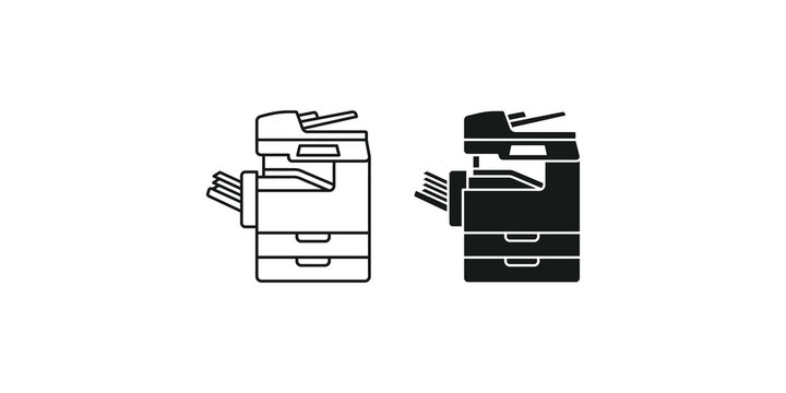 Office multifunctional laser printer machines in black and white line art vector style designed for professional business documentation.