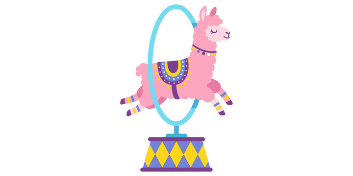 Llama character jumping through circus hoop illustration for entertainment and carnival themes.