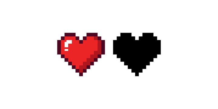 Pixel art red heart and black outline heart icons for gaming interface and health indicator.