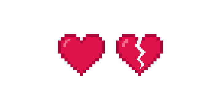Pixel art red heart and broken heart icons representing love and relationships on transparent background.