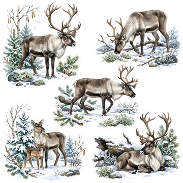 Reindeer and Cute Fawn Watercolor Clip Art Set with Winter Snow and Pine Forest