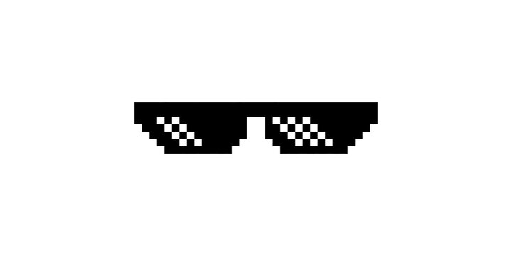 Pixel art thug life black sunglasses isolated on transparent background for meme and social media content.