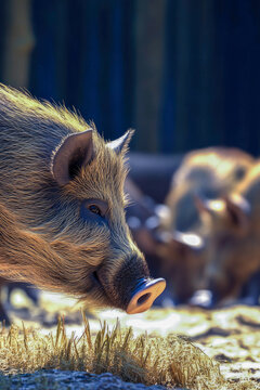 A group of feral pigs feeding on grass and plants in an open area. vertical frame