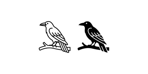 Obraz premium Raven bird perched on tree branch icons featuring detailed outline and solid black silhouette for wildlife design.