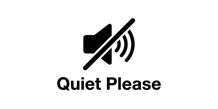 Mute speaker icon with slash line and quiet please text on transparent background for audio control.