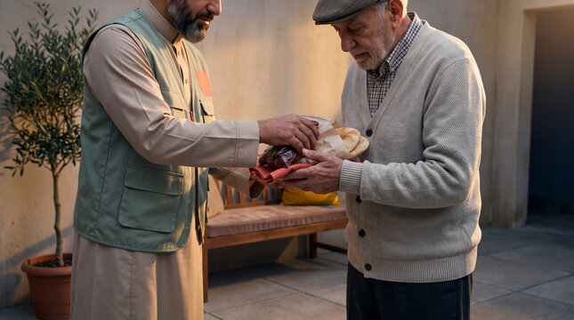 Man giving food to elderly man in courtyard during charitable act  