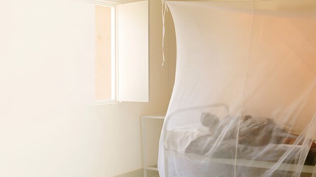 Patient sleeping in a hospital bed protected by mosquito netting, representing dengue prevention, mosquito bite protection and care during vector-borne disease outbreaks