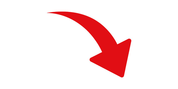 Red bold curved arrow pointing down and right on transparent background.