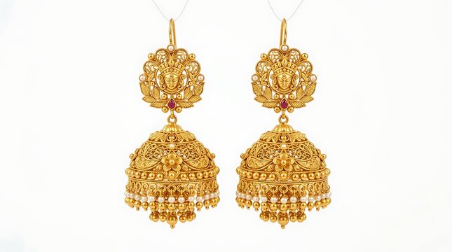 Traditional gold jhumka earrings with intricate floral and beadwork design on white background