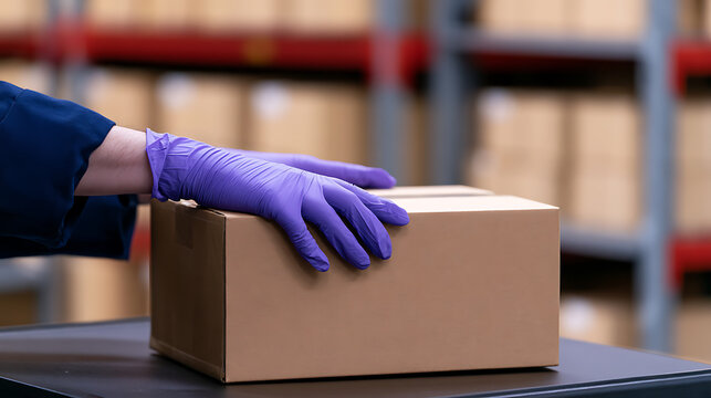 Worker in purple protective glove touch cardboard box in warehouse, secure parcel delivery package handler supply chain logistics concept