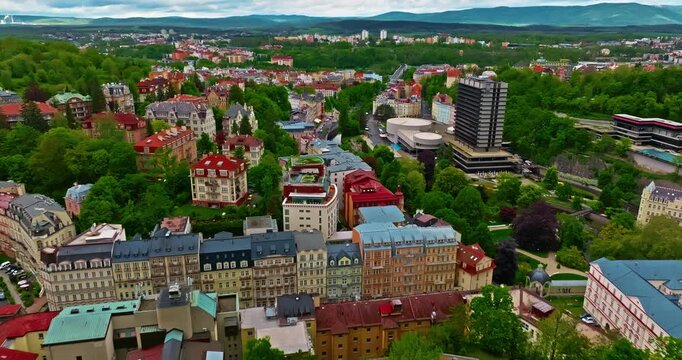 Aerial view of a beautiful forest city featuring incredibly fairytale, like architecture and thermal springs with healing water, Karlovy Vary, Czech Republic