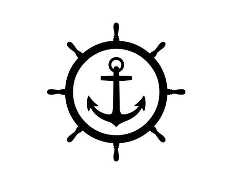 Vector ship wheel icon with anchor symbol inside isolated on white. Nautical steering wheel sign, maritime navigation logo design, sailing concept element.