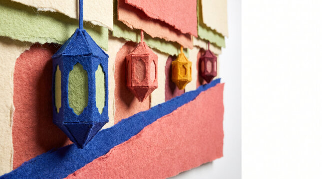 Colorful paper lanterns hanging on a textured wall background  