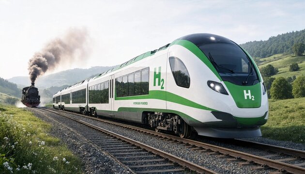 Modern Hydrogen Powered Train Overtaking Old Steam Locomotive for Clean Energy Transition