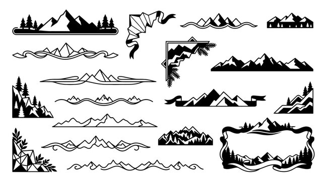 Vintage mountain landscape dividers borders and ornamental corner elements. EPS Editable