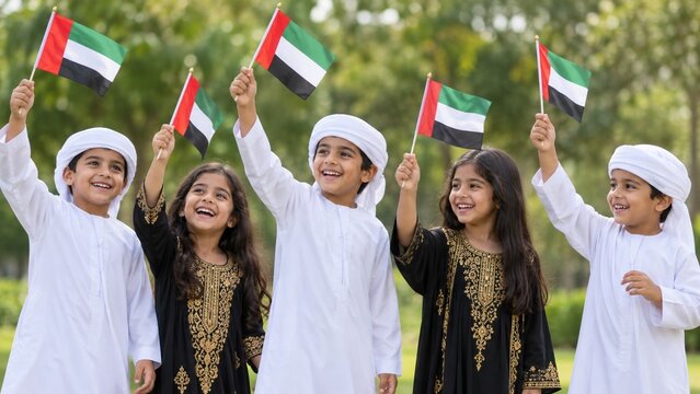 Group of Happy Emirati Children Waving UAE Flags Outdoors Celebrating National Day