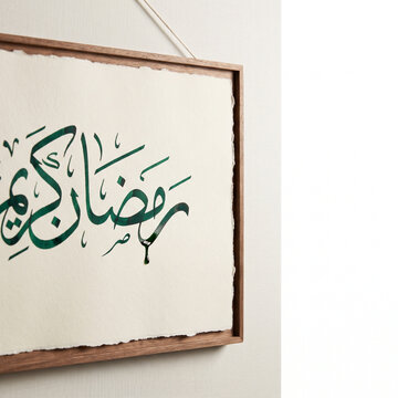Decorative calligraphy art of Ramadan Kareem in wooden frame  