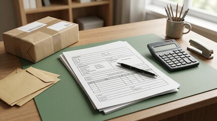 Obraz premium Desk with Foreign Package Policy Worksheet – International Insurance Concept