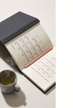Ramadan calendar with marked dates and ceramic cup on table  