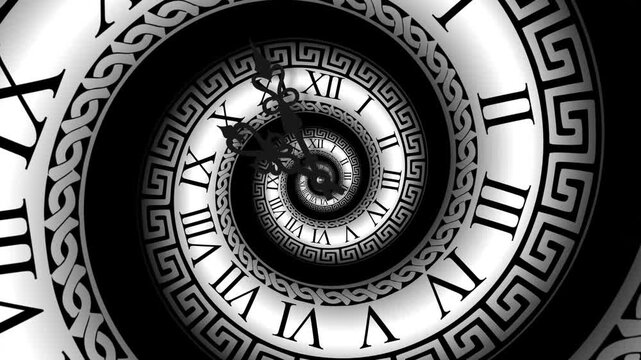 Abstract black and white hypnotic clock face spiral with roman numerals time tunnel swirl monochrome motion