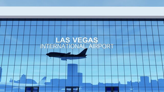 Commercial passenger airplane landing at Las Vegas Airport, featuring the airport terminal and aviation infrastructure, ideal for air travel, tourism, airport arrivals, transportation, and travel cont